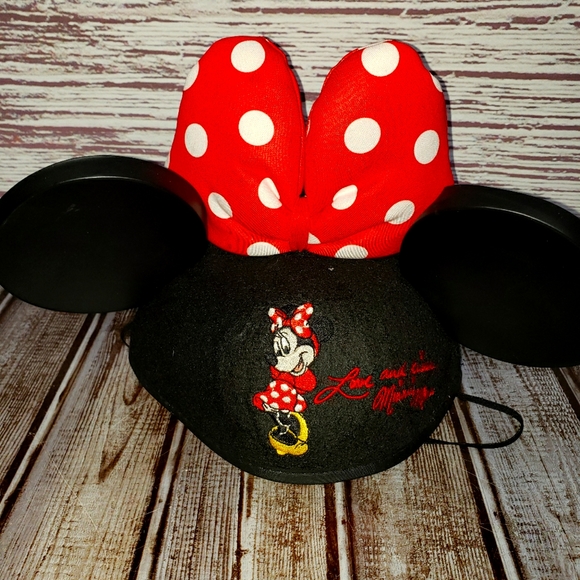 Walt Disney World Minnie Mouse Ears Black Felt Hat Youth Love & Kisses Red Bow - Picture 1 of 4